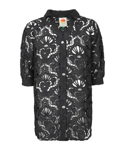 Farm Rio Lapel Short-sleeved Shirt In Black