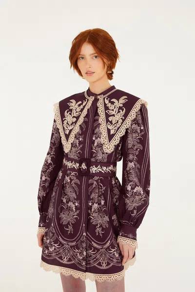 Farm Rio Lara Lace Long Sleeve Mini Dress In Burgundy