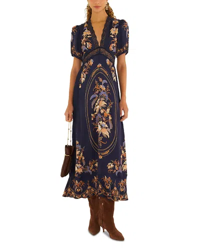 Farm Rio Floral-print Lace-trim Maxi Dress In Blue