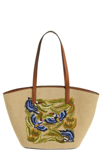 Farm Rio Large Embroidered Raffia Basket Tote In Brown