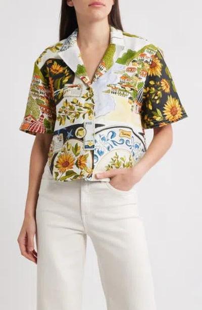 Farm Rio Latin Trip Scarves Crop Linen Button-up Shirt In White