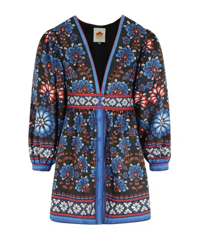 Farm Rio Black Latina Scarf Puff Sleeve Organic Cotton Mini Dress In Blue