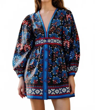 Farm Rio Black Latina Scarf Puff Sleeve Organic Cotton Mini Dress In Blue