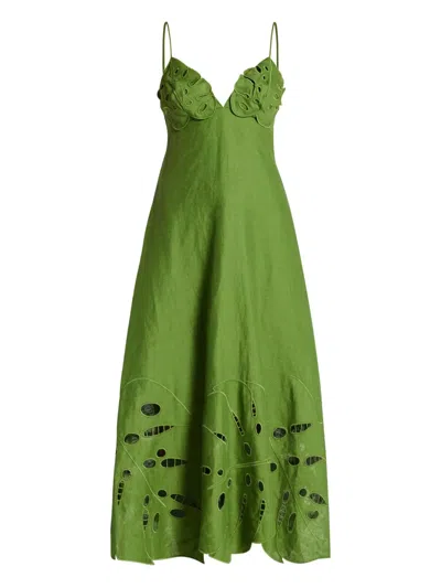 Farm Rio Green Monstera Embroidered Euroflax Premium Linen Midi Dress