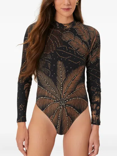 Farm Rio Leaf-print Ribbed Top In Black