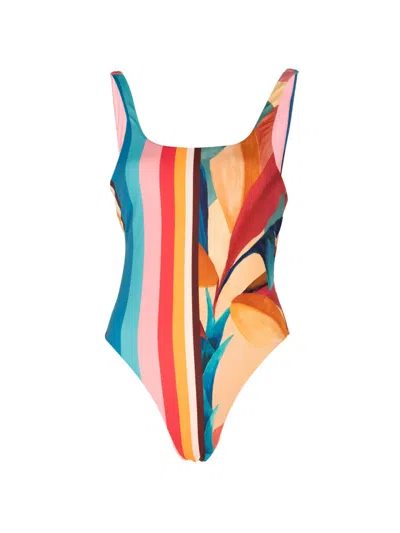 Farm Rio Leaf-print Striped Swimsuit In Multi