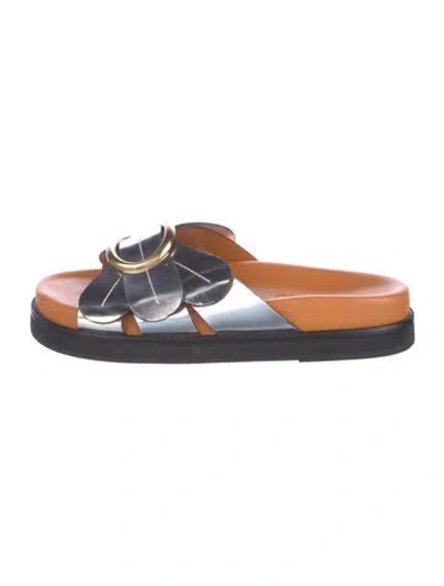 Pre-owned Farm Rio Leather Colorblock Pattern Mules In Orange