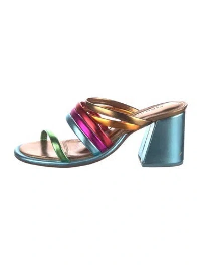 Pre-owned Farm Rio Leather Colorblock Pattern Slides In Blue
