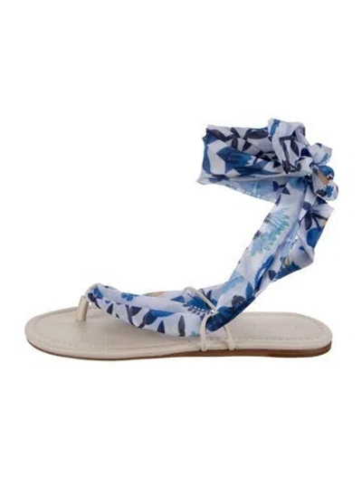 Pre-owned Farm Rio Leather Floral Print Sandals In Blue