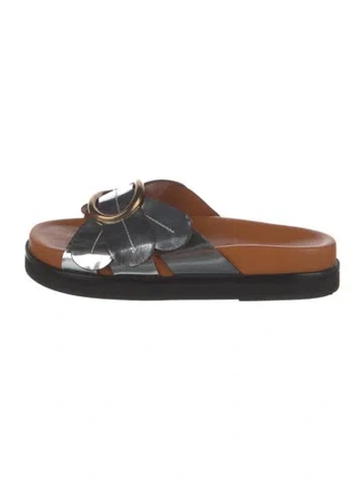 Pre-owned Farm Rio Leather Patterned Slides In Brown