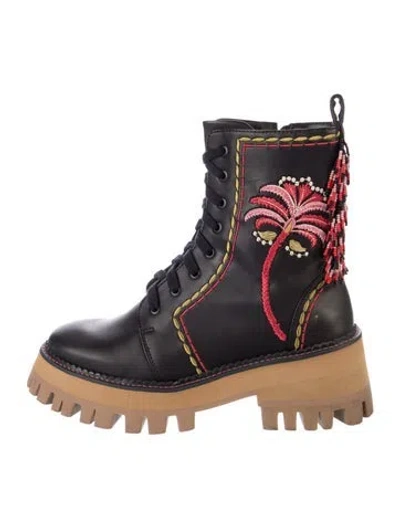 Pre-owned Farm Rio Leather Printed Combat Boots In Blue