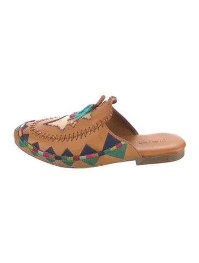 Pre-owned Farm Rio Leather Printed Mules In Brown