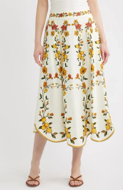 Farm Rio Lemon Bouquet Floral Linen Blend Midi Skirt