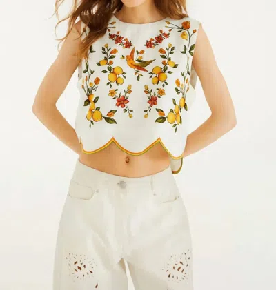 Farm Rio Lemon Bouquet Wavy Hem Sleeveless Blouse In Off White