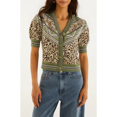 Farm Rio Leopard Border Print Puff Sleeve Sweater In Green