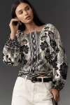 Farm Rio 'flower Leopard' Black And White Blouse With Boat Neckline And All-over Floral Print In Black