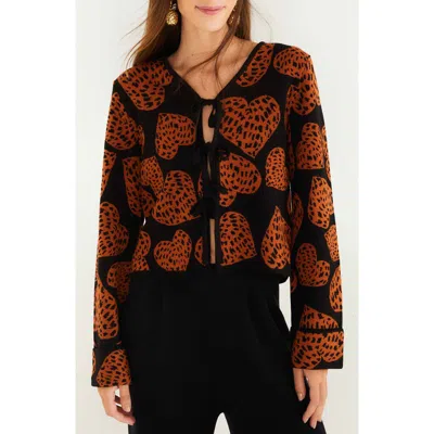 Farm Rio Leopard Hearts Jacquard Cardigan In Gold