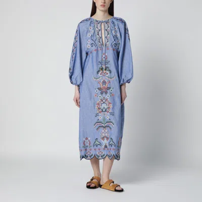 Farm Rio Blue Crew Neck Dress With Knot Closure And All-over Embroidery In Fabric Woman