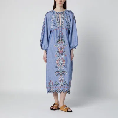 Farm Rio Blue Crew Neck Dress With Knot Closure And All-over Embroidery In Fabric Woman