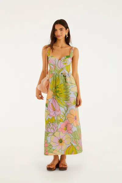 Farm Rio Spring Affair Floral Print Linen Maxi Dress In Multi