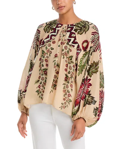 Farm Rio Ligia Floral Cascade Long Sleeve Blouse In Brown