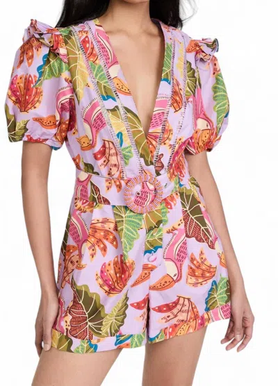 Farm Rio Women's Beaks & Bananas Belted Ruffled Cotton Romper In Lilac