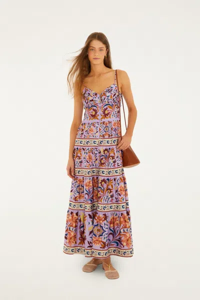 Farm Rio Lilac Flower Tiles Sleeveless Tiered Maxi Dress In Multi