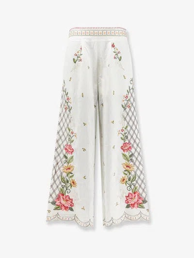 Farm Rio Linen And Viscose Trousers With Embroidery In White
