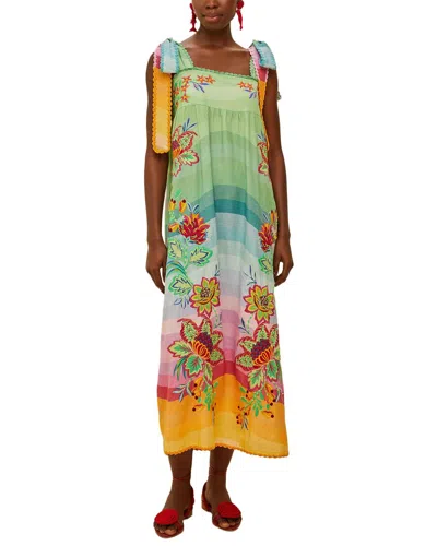 Farm Rio Linen Aura Floral Multicolor Embroidered Tunic Maxi Dress In Red