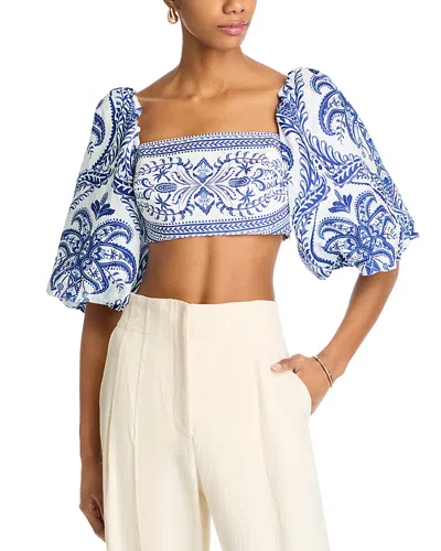 Farm Rio Linen Balloon Sleeve Cropped Top In Blue Tropi
