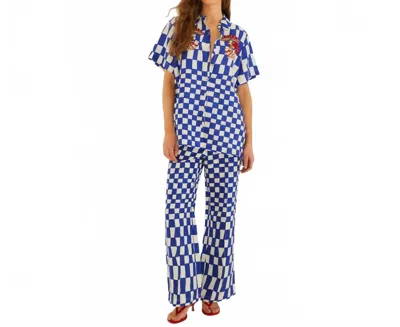 Farm Rio Linen Blend Checked Pant In Blue In Black