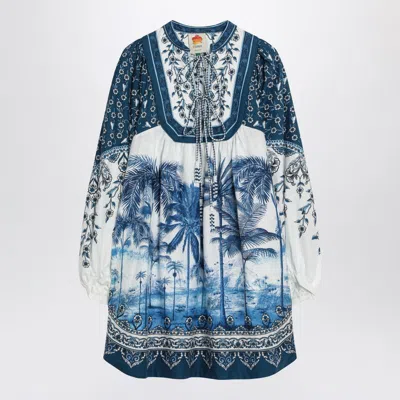 Farm Rio Linen-blend Dress With Palm Print In Blue