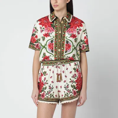 Farm Rio Wonder Multicolor Shirt With Lace Embroidered Classic Collar And All-over Floral Motif In Linen Blen
