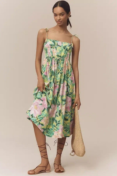 Farm Rio Linen Blend Tie-strap Sweetheart Babydoll Midi Dress In Green