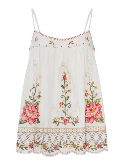 Farm Rio Flower Embroidery Scalloped-hem Blouse In White