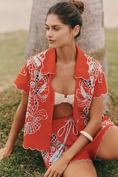 Farm Rio Linen Embroidered Buttondown Shirt In Red