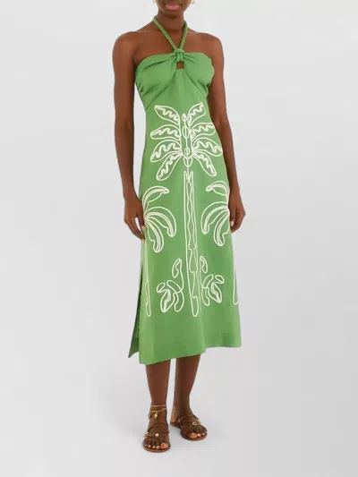 Farm Rio Midi Dress With Halter Neck And Front Embroidery In Green