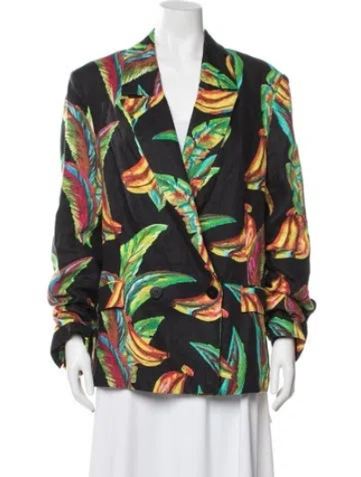 Pre-owned Farm Rio Linen Floral Print Blazer In Black