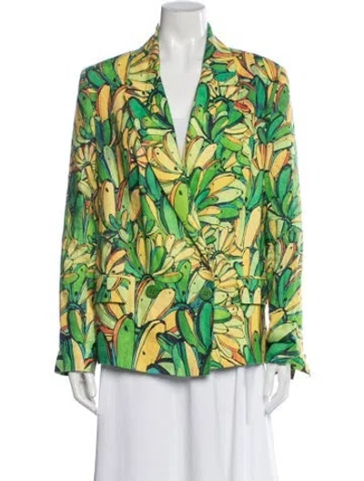 Pre-owned Farm Rio Linen Floral Print Blazer In Green
