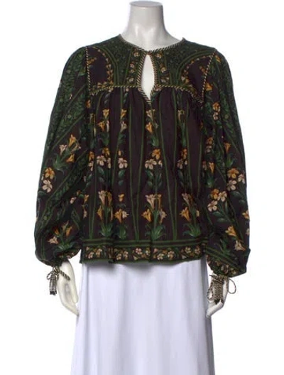 Pre-owned Farm Rio Linen Floral Print Blouse In Black