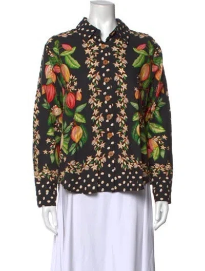 Pre-owned Farm Rio Linen Floral Print Blouse In Black