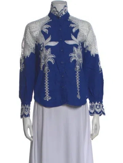 Pre-owned Farm Rio Linen Floral Print Blouse In Blue