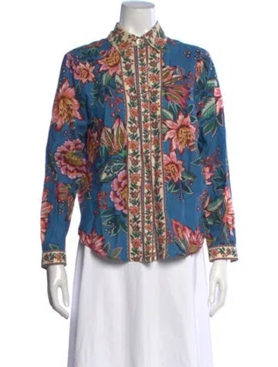 Pre-owned Farm Rio Linen Floral Print Blouse In Blue