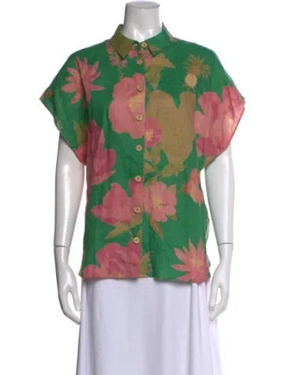 Pre-owned Farm Rio Linen Floral Print Blouse In Green