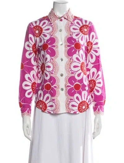 Pre-owned Farm Rio Linen Floral Print Blouse In Pink
