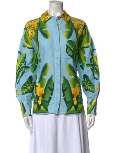 Pre-owned Farm Rio Linen Floral Print Blouse W/ Tags In Blue/green