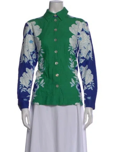 Pre-owned Farm Rio Linen Floral Print Blouse W/ Tags In Green