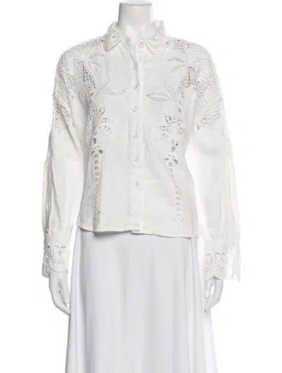 Pre-owned Farm Rio Linen Floral Print Blouse In White