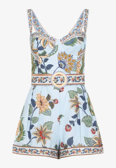 Farm Rio Linen Floral-print Bustier Romper In Blue