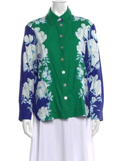 Pre-owned Farm Rio Linen Floral Print Button-up Top In Green